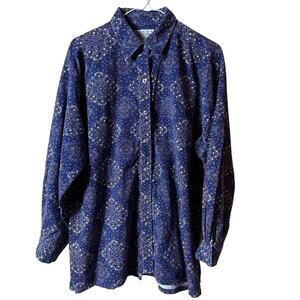 VTG Arizona Jean Co Women Corduroy Button Up Shirt L Navy Paisley Cottage Boho
